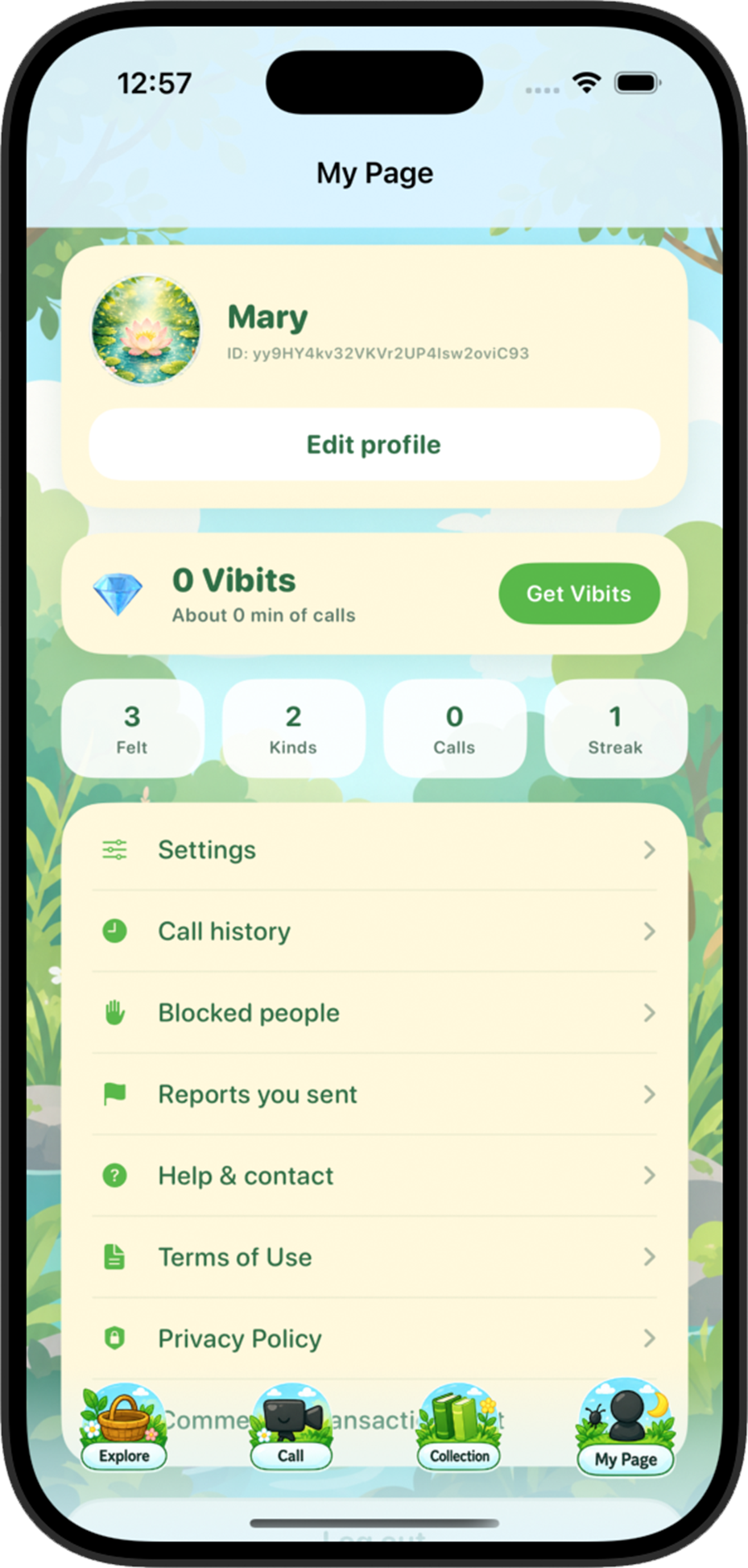 Vibloom My Page screen